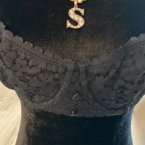 Black Floral Lace Bra with Fabric Covered Buttons